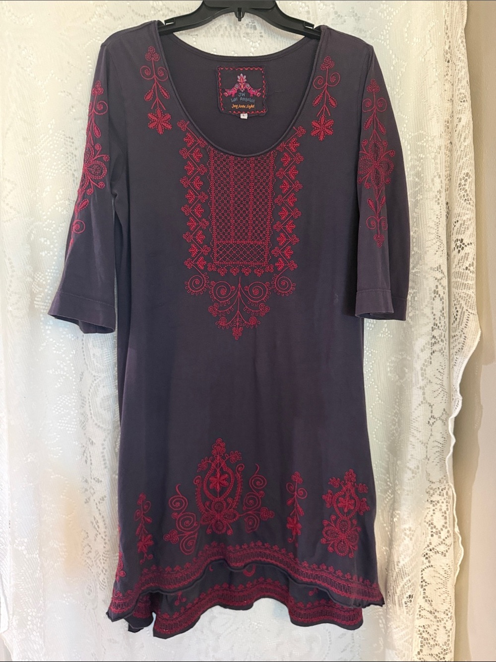 Johnny Was Embroidered Scoop Neck Dress - Deep Purple/Gray with Red Accents
